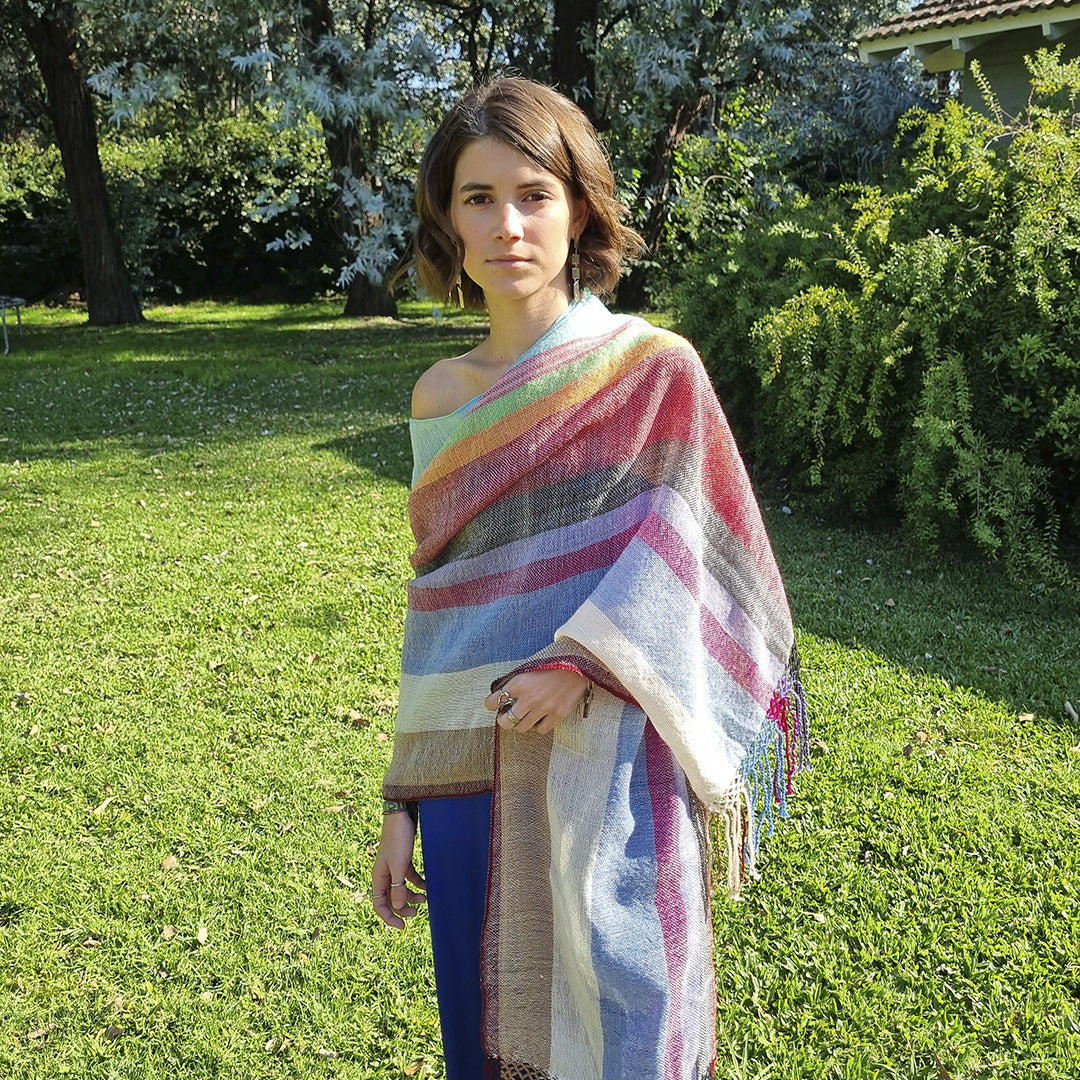 Camino de Colores lightweight wool shawl with multicolored stripes