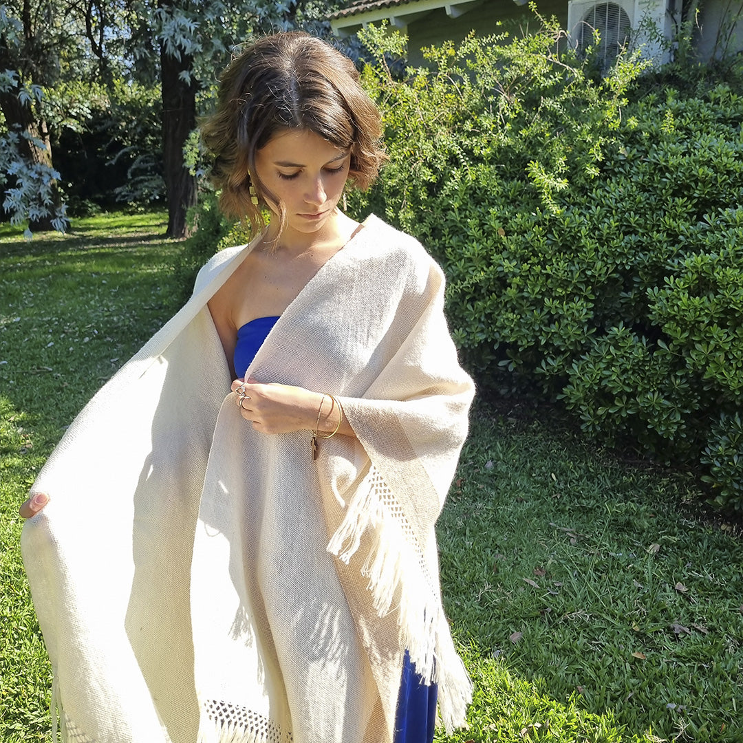 Duna Stripe lightweight wool ruana in cream and beige tones