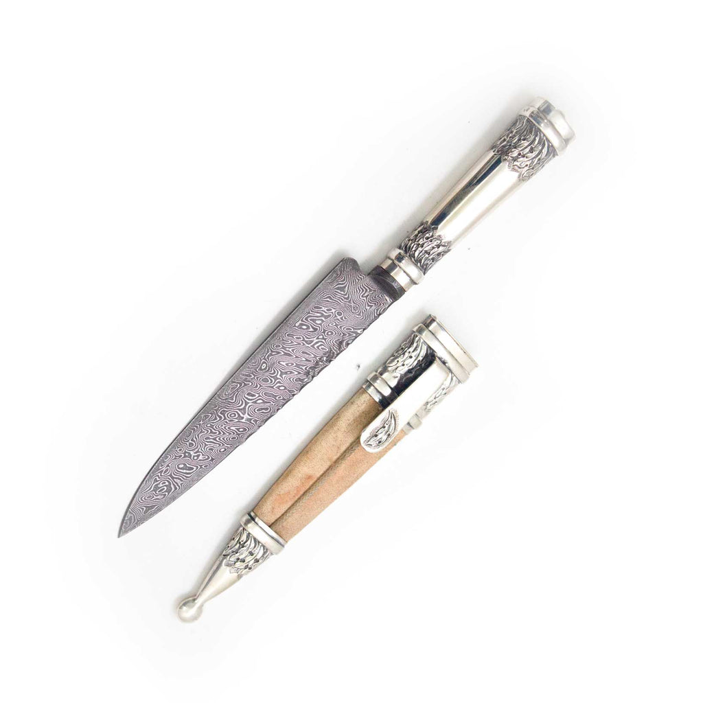 Silver handle Knife with Picasa Sheat, Leaf Motif and Damascus Blade - Vakiano