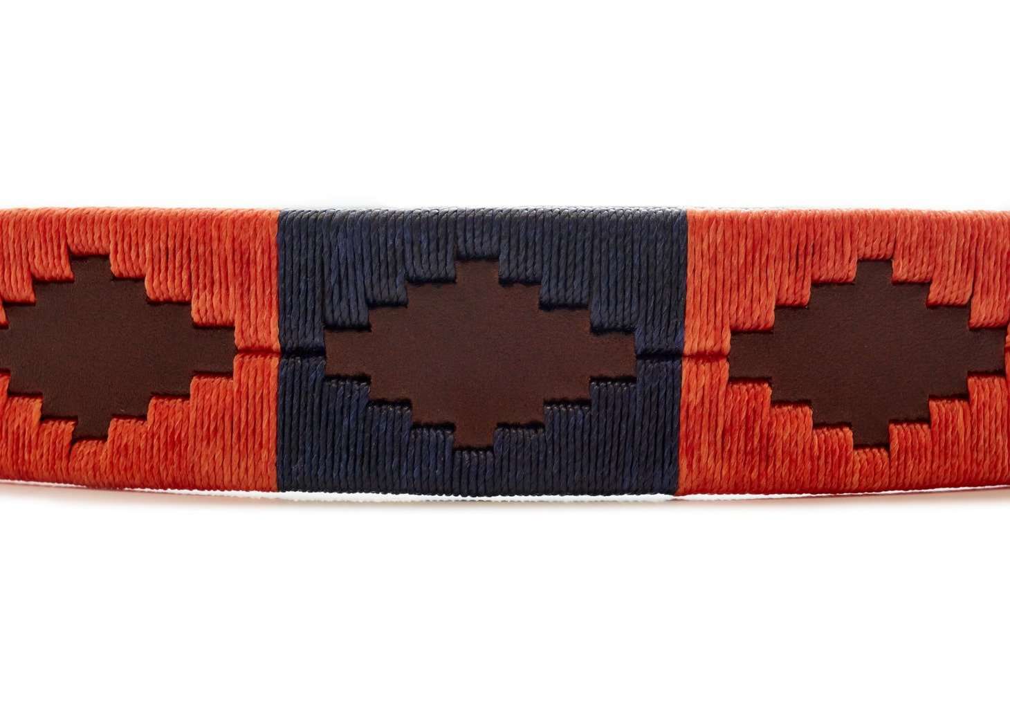 Brown leather polo belt with Soshon geometric design and metal buckle