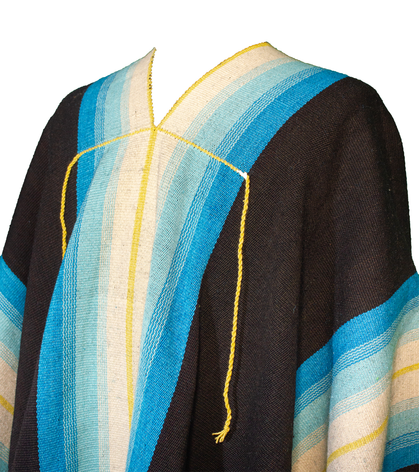 Close-up of Molinos Listado poncho with turquoise, cream and yellow stripe details