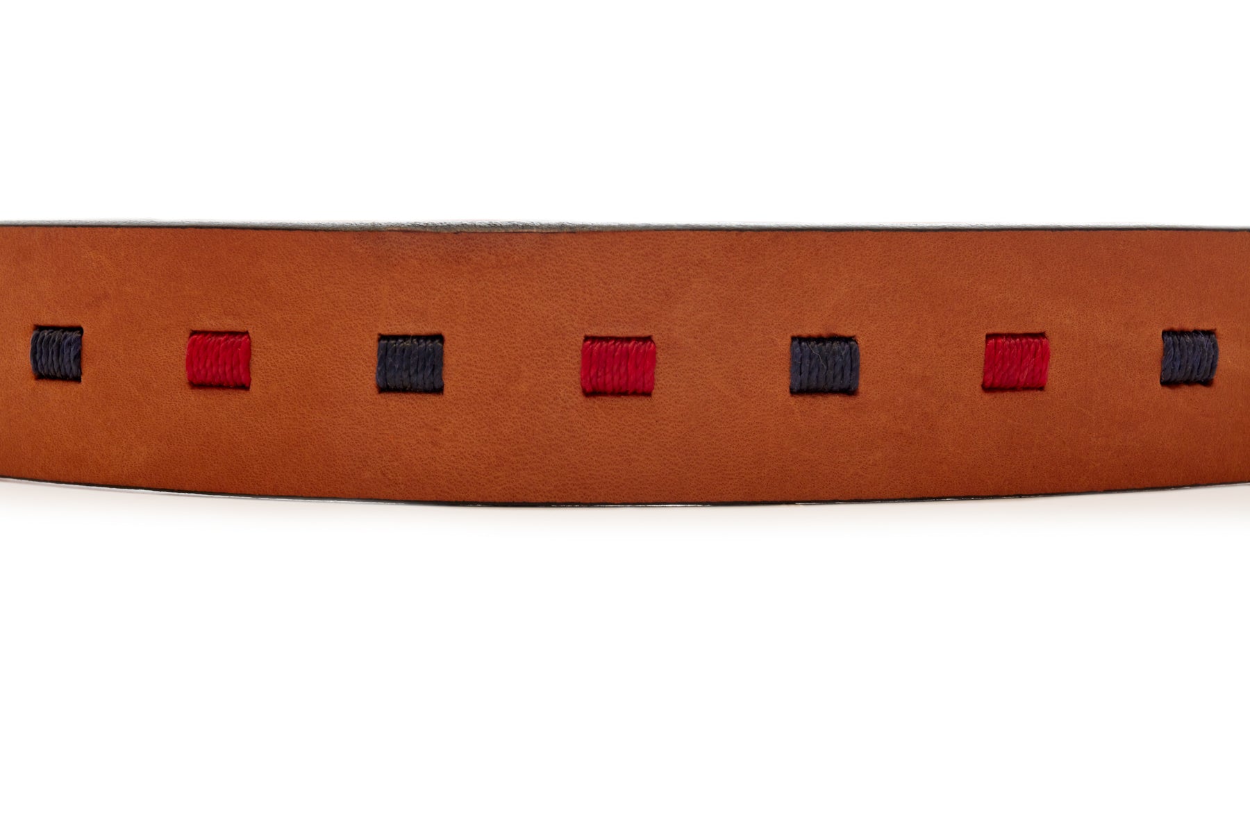 Cognac leather polo belt with small Mayan-inspired accents and metal buckle