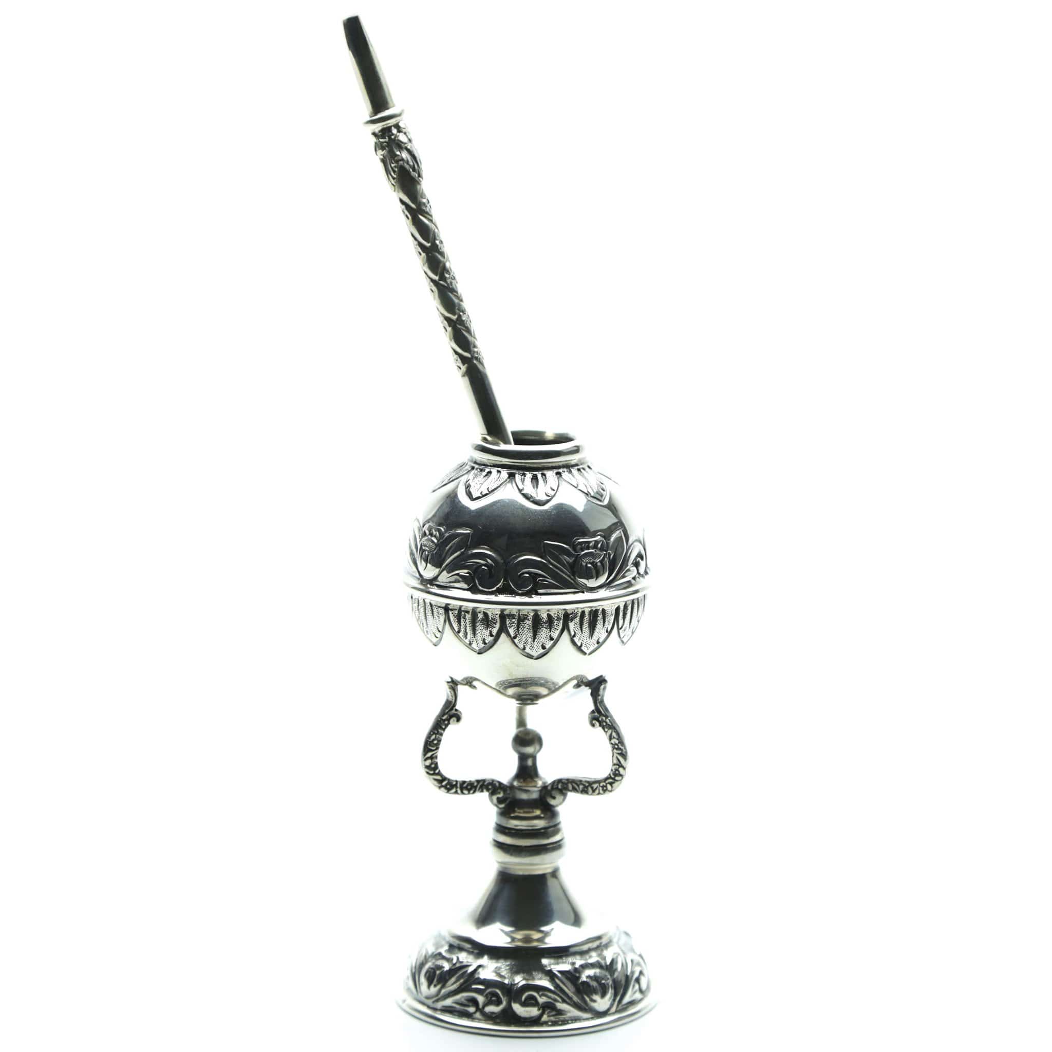 Colonial style Silver 900 mate and bombilla with floral motifs