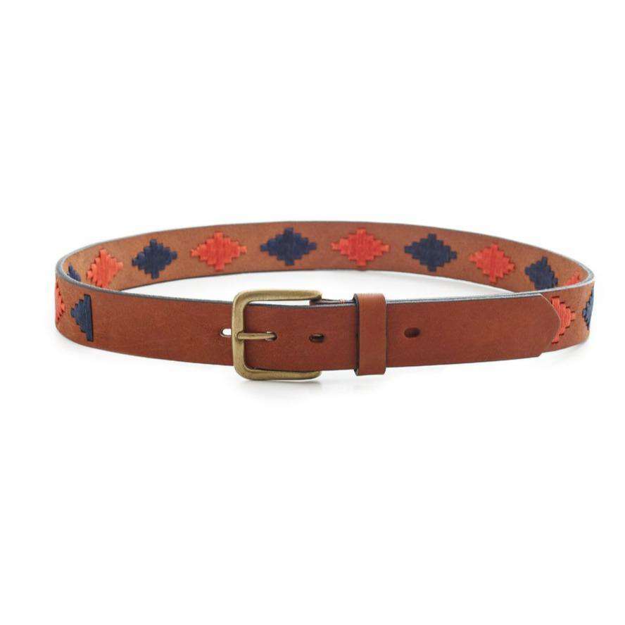 Genoa Inca Argentine leather polo belt with coral and navy geometric pattern