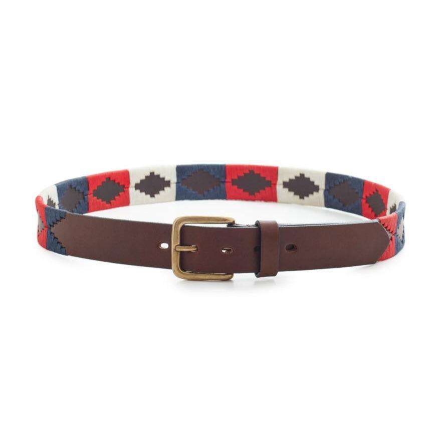 Lyon Soshon Argentine leather polo belt with red, cream and navy geometric pattern