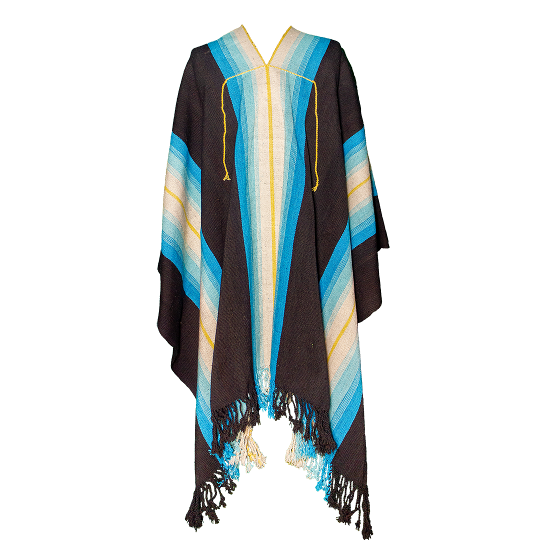 Molinos handwoven Argentine wool poncho with dark base and blue Listado stripes