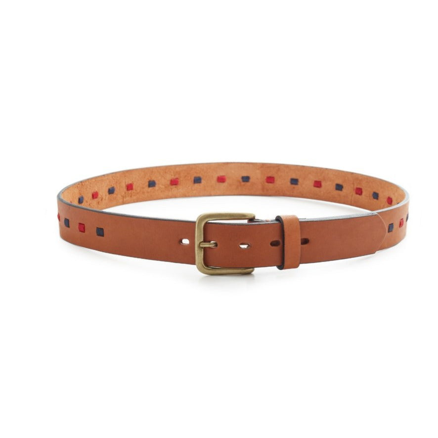 Rotterdam Mayan Argentine leather polo belt with red and navy geometric details